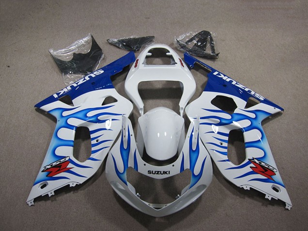 2001-2003 Suzuki GSXR 750 Motorcycle Fairings - White Blue Flame