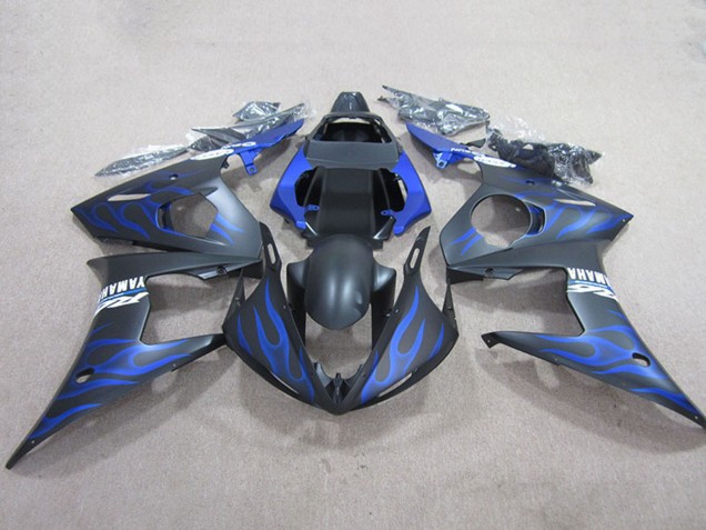 2003-2004 Yamaha YZF R6 Motorcycle Fairings - Matte Black Blue Flame