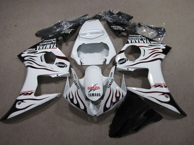 Shop 2003-2004 Yamaha YZF R6 Motorcycle Fairings - White Glossy Black Flame Shark